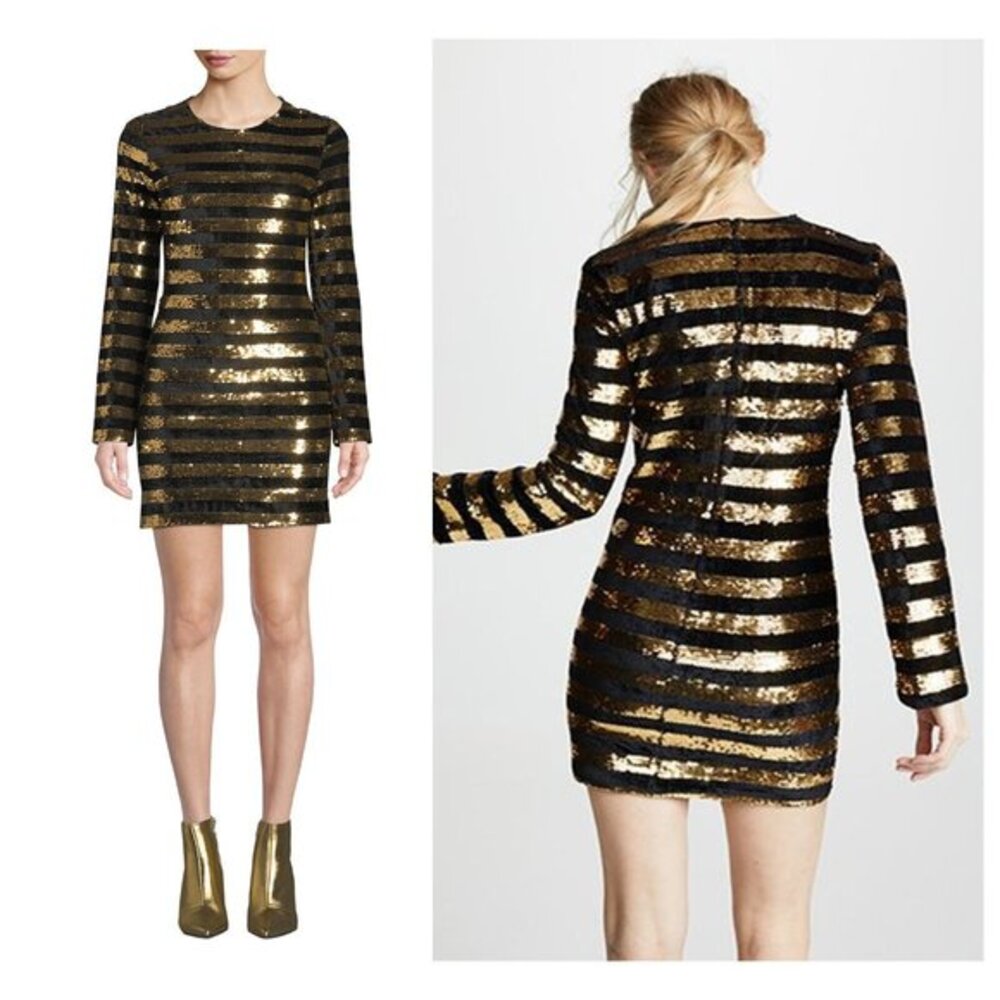 Velvet‎ Gold Black Bodycon Dress XS 2 Striped Metallic Sparkle R+A $450